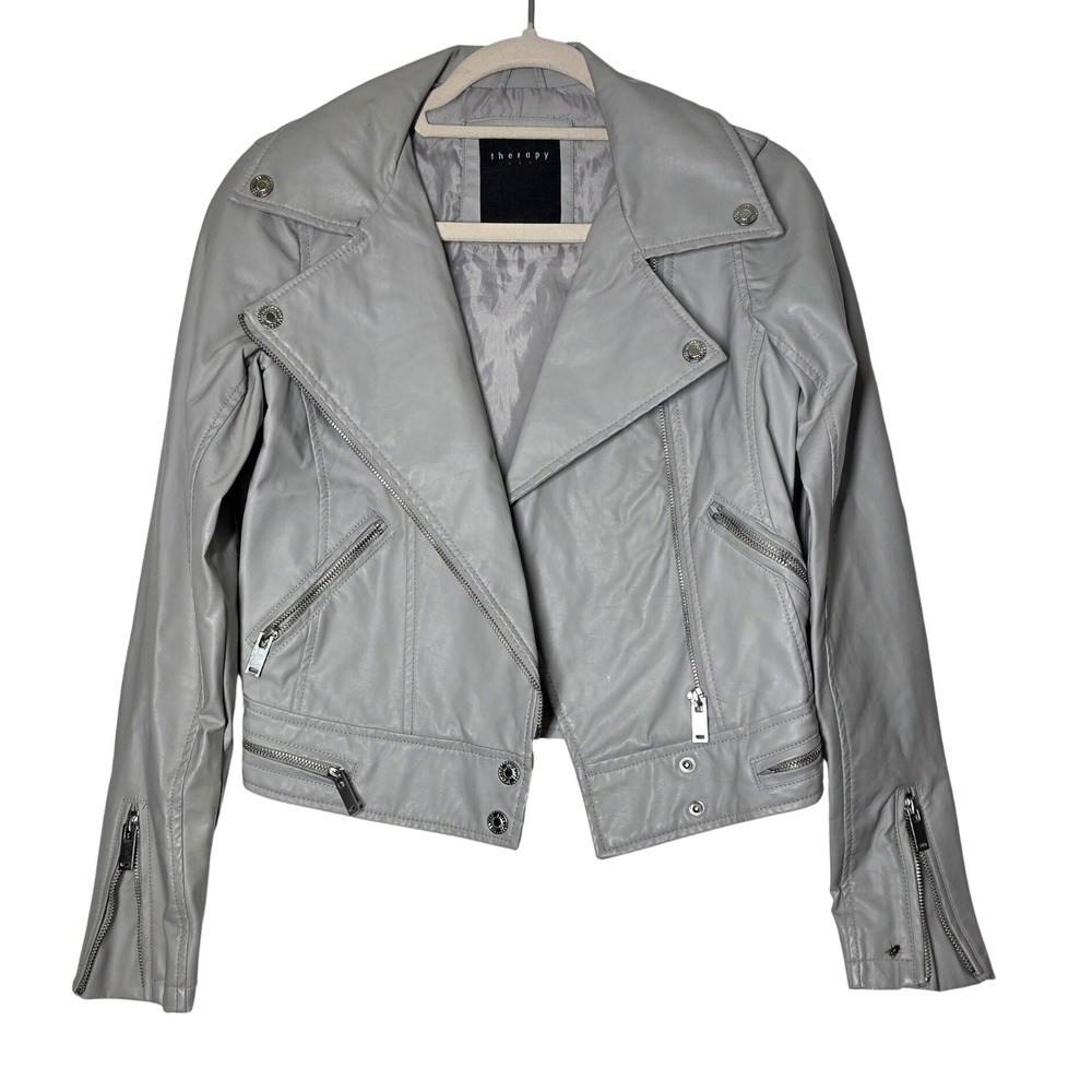 Therapy Gray Faux Leather Moto Biker Jacket Small Asymmetrical Zip Edgy Style